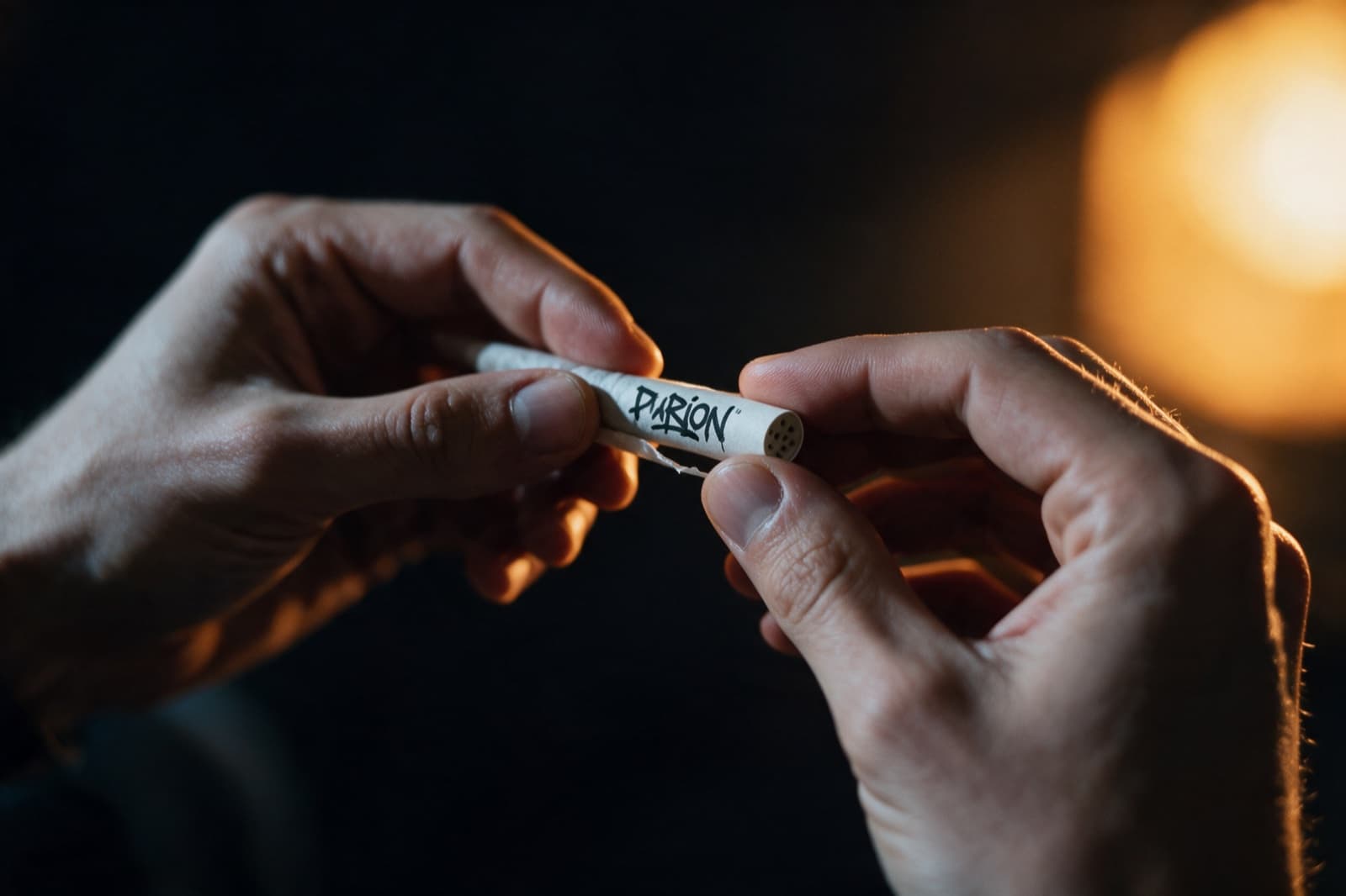 Manos colocando un filtro de carbón activado PURION al armar un cigarro, con luz nocturna cálida